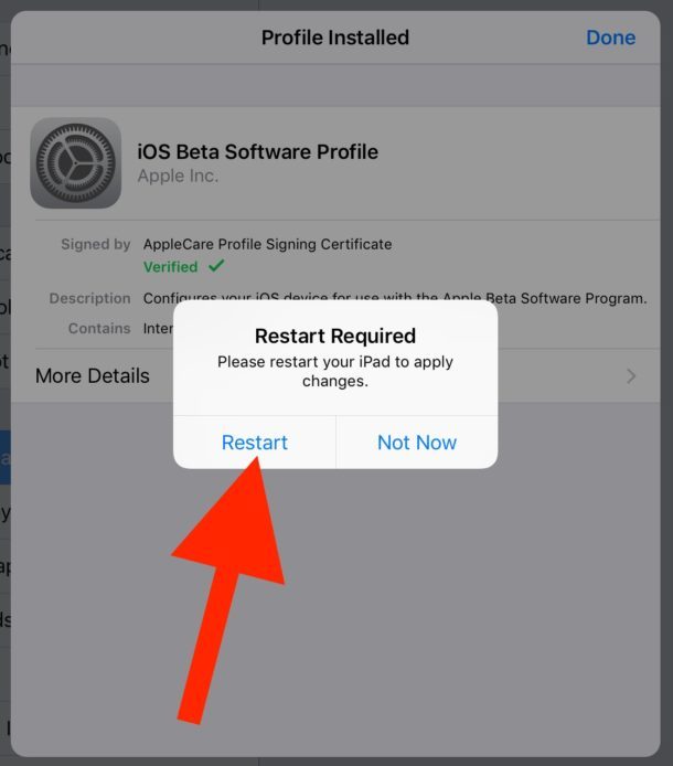 Riavvia per installare il profilo beta di iPad