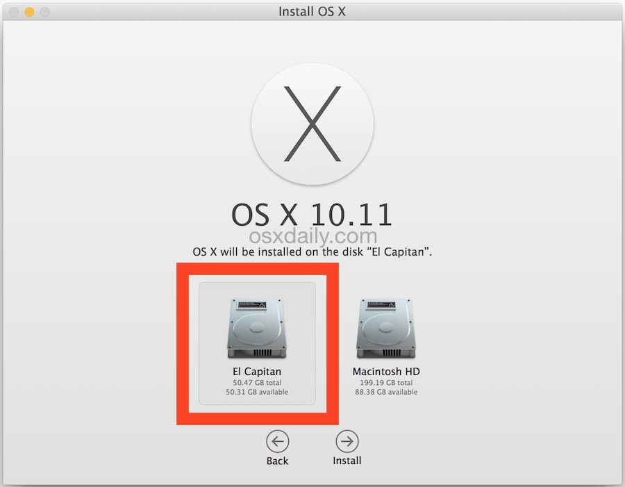 Seleziona l'unità di destinazione per installare OS X El Capitan sul Mac