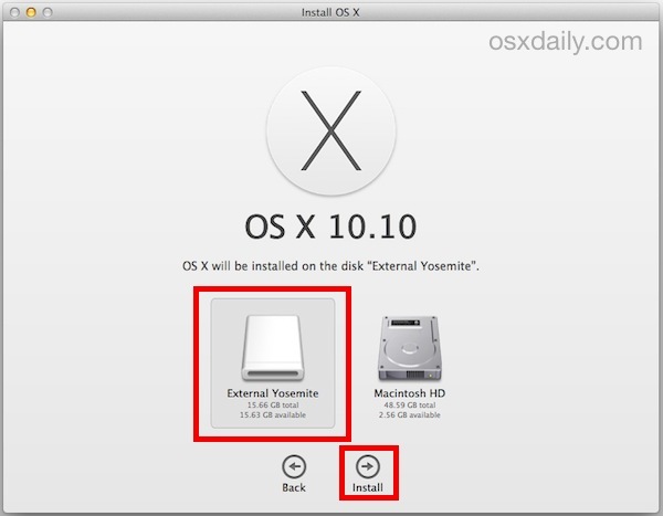Seleziona l'unità esterna per installare OS X Yosemite