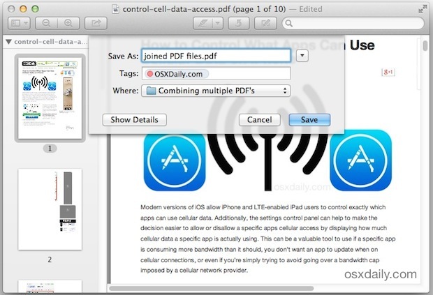 Salvataggio dei file PDF uniti con Mac Preview