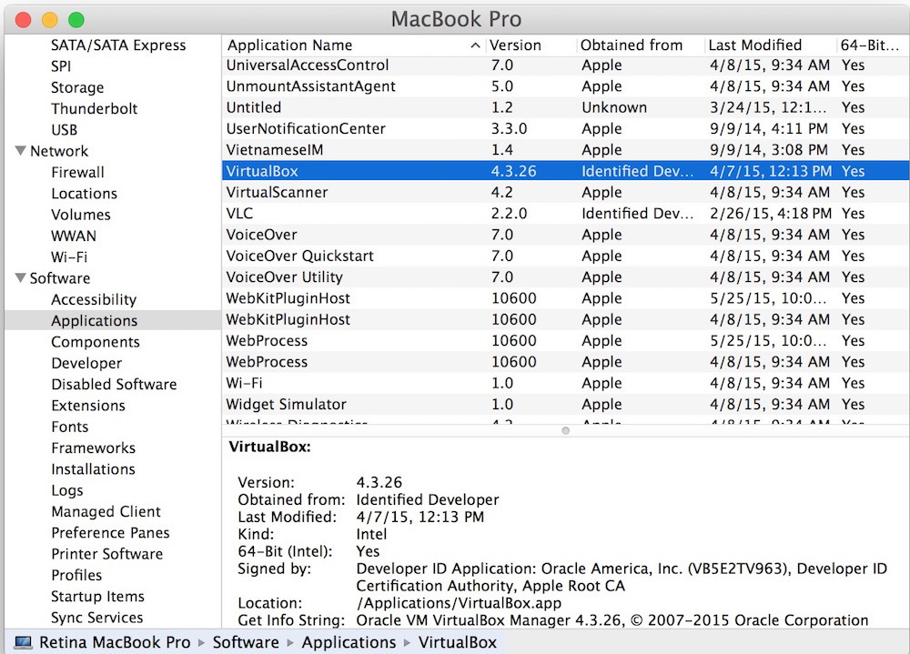Elenca tutte le applicazioni su un Mac come visto da System Information di OS X