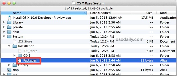Elimina il link ai pacchetti OS X Mavericks