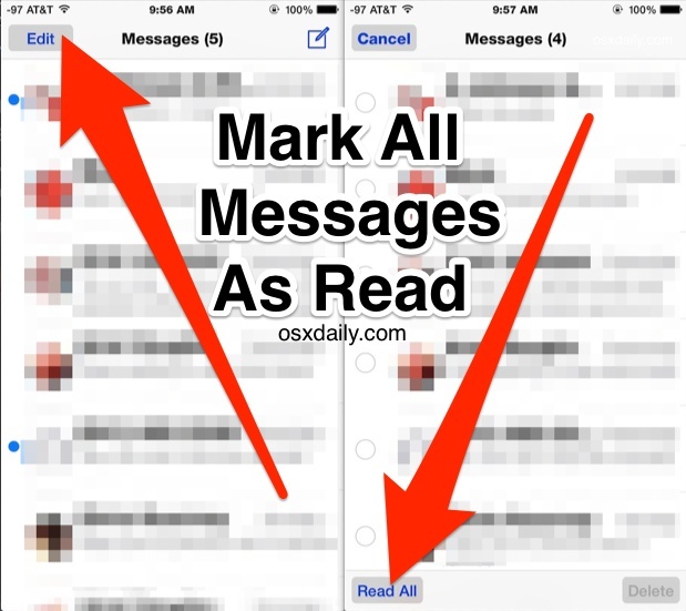 Contrassegna tutti i messaggi come letti in iOS come dimostrato con iphone