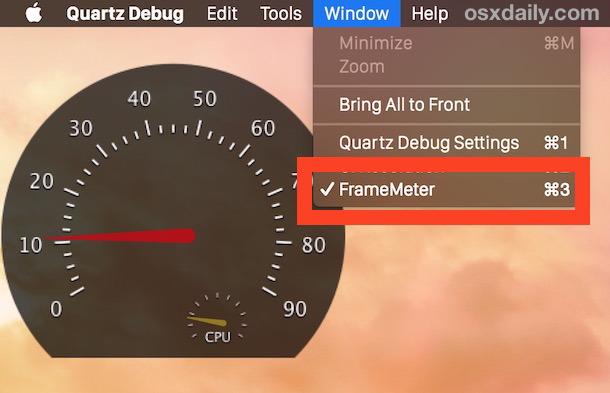 Abilita il monitor FPS di FrameMeter nello strumento di debug del quarzo di OS X.