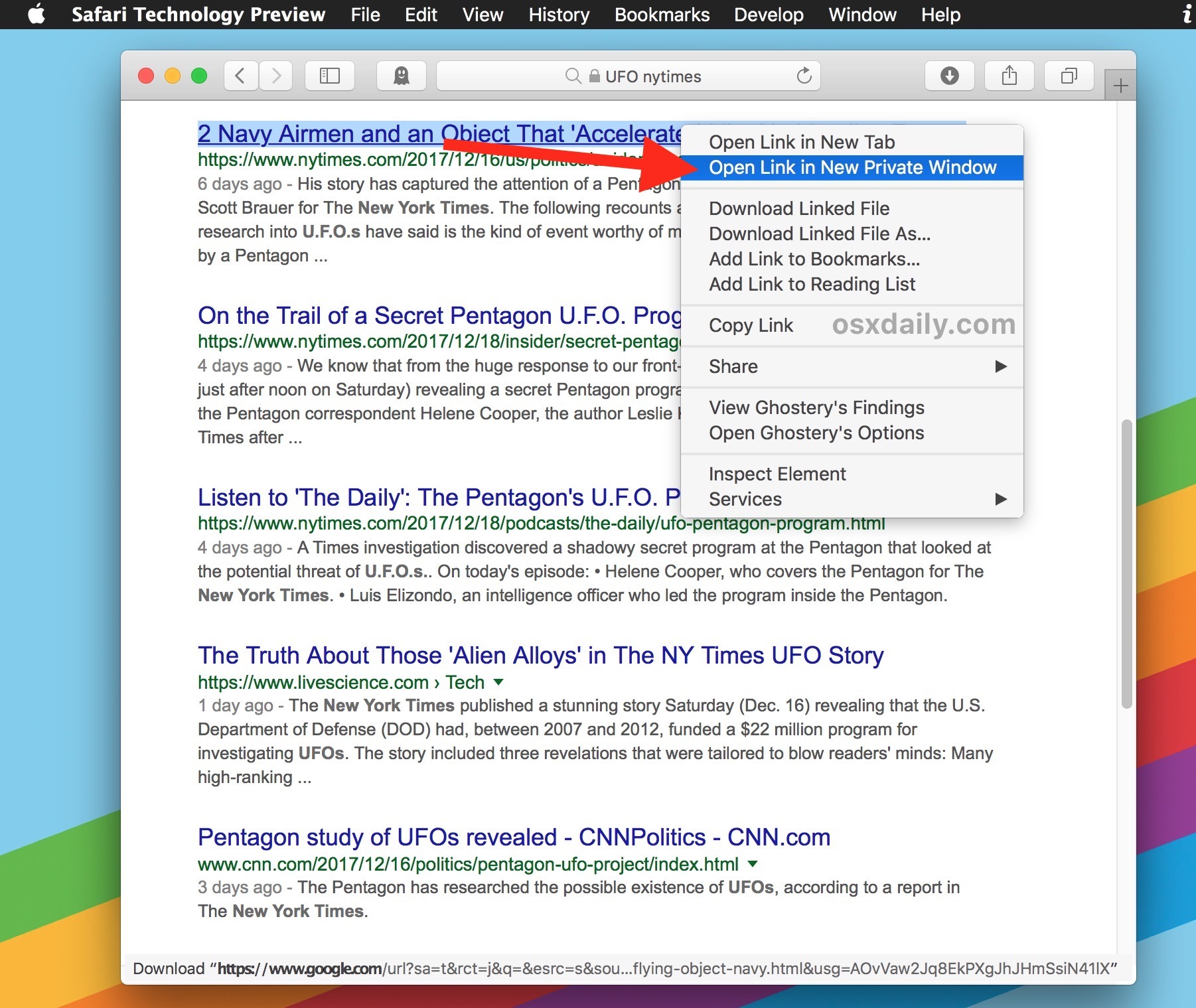 Scegli il link aperto nella nuova finestra privata in Safari per Mac