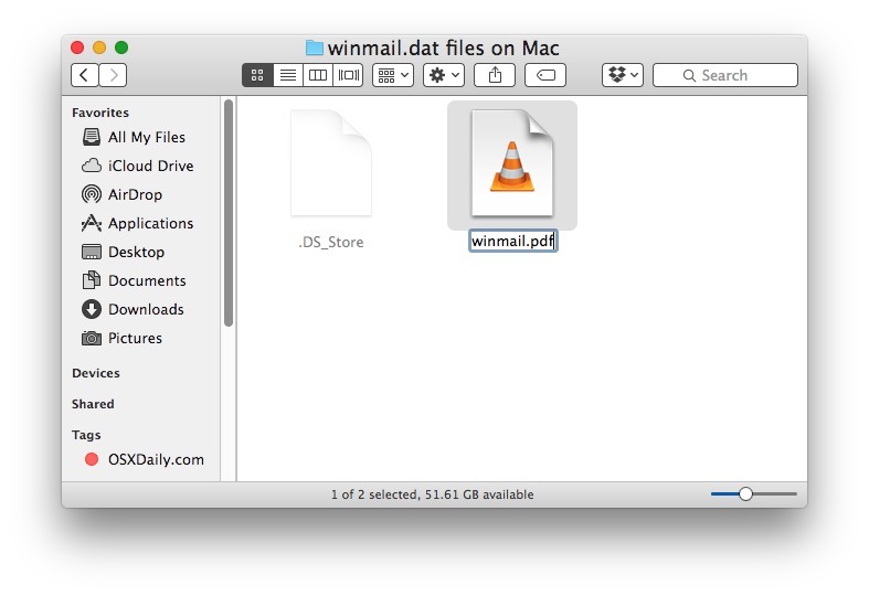 Rinominare il file allegato Winmail.dat per aprirlo in Mac OS X.