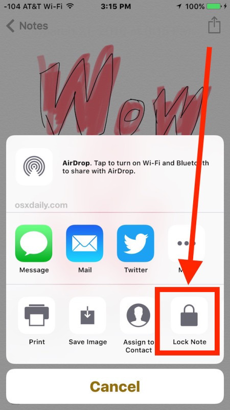 Scegli Lock Note in iOS SHaring