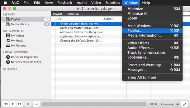 Playlist sotto il menu VLC della finestra