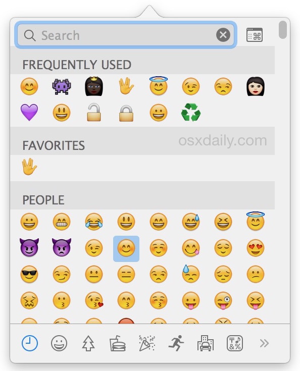 Pannello di accesso rapido di tipo Emoji in Mac OS X a cui si accede tramite una scorciatoia da tastiera