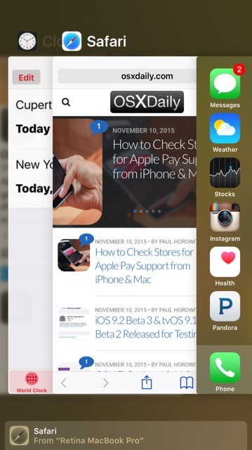 La chiusura di app in iOS 9 viene eseguita tramite lo schermo multitasking del commutatore di app