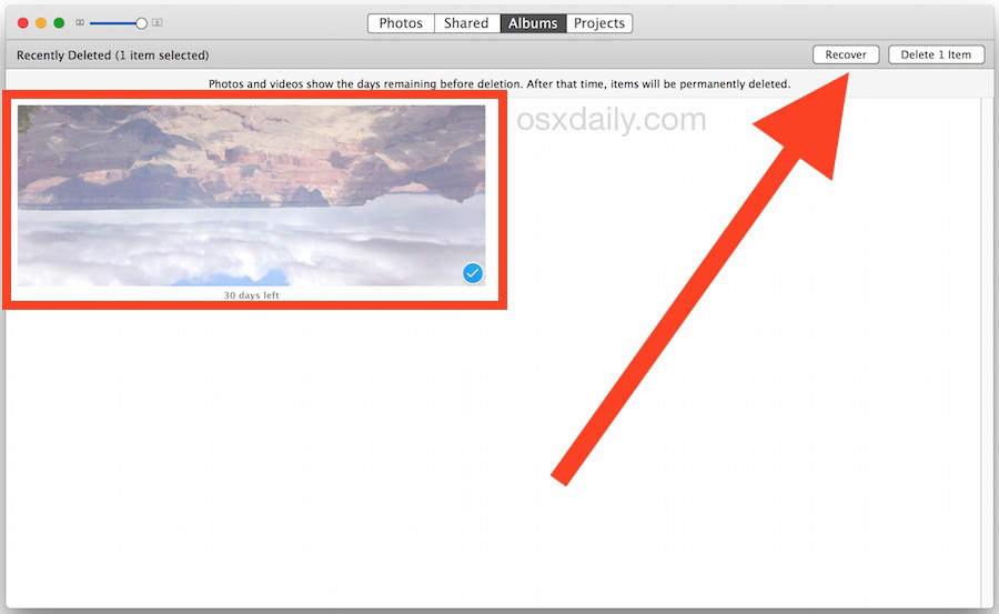 Seleziona una foto da recuperare e ripristinare dall'app Foto Mac in OS X