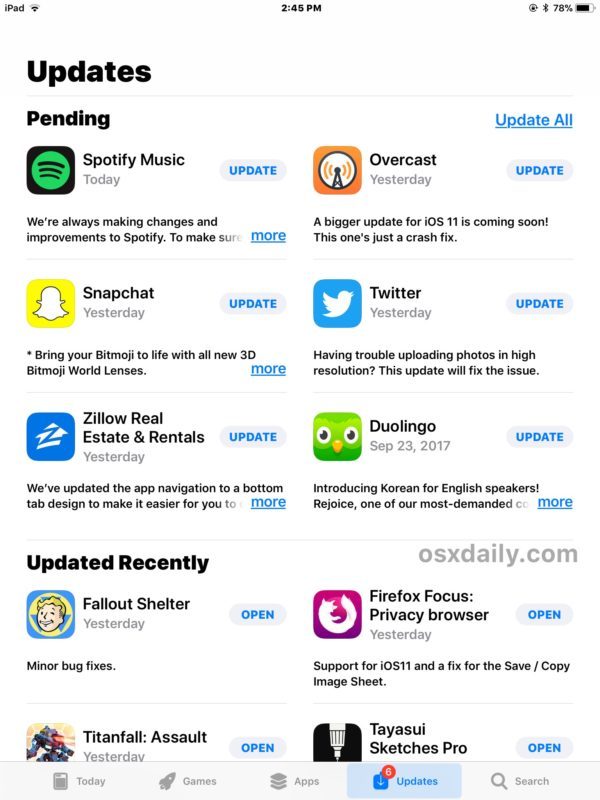 Nuovi aggiornamenti mostrati nella scheda Aggiornamenti App Store dopo l'aggiornamento