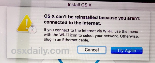 OS X non può essere reinstallato perché non si è connessi a Internet