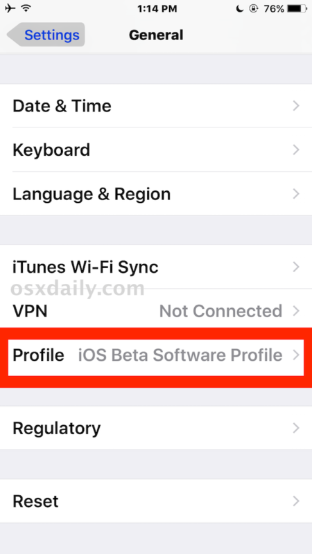 Scegli Profilo per rimuovere il certificato del profilo di aggiornamento del software beta di iOS