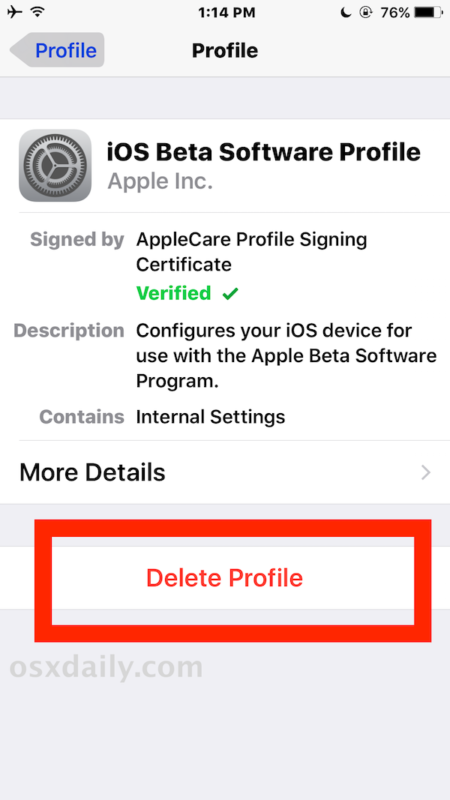 Rimuovi il profilo beta di iOS
