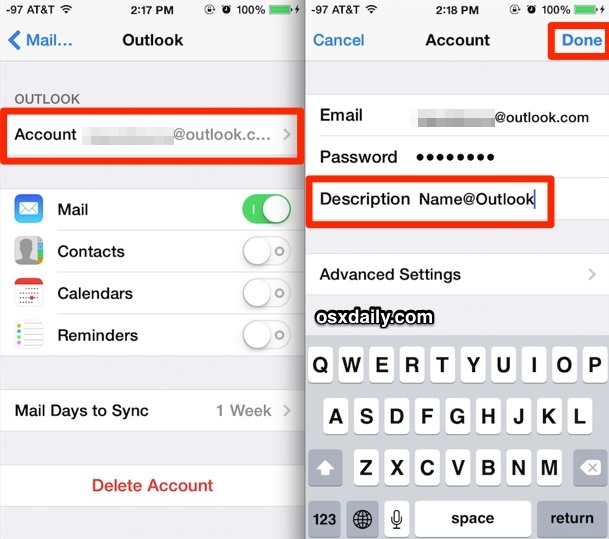 Rinominare l'account di posta iOS in iOS