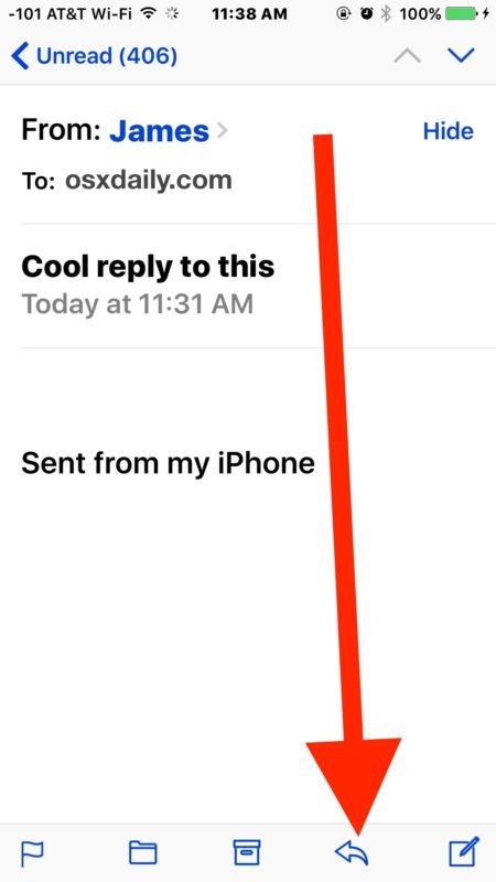 Tocca il pulsante Rispondi per rispondere a un'email in iOS