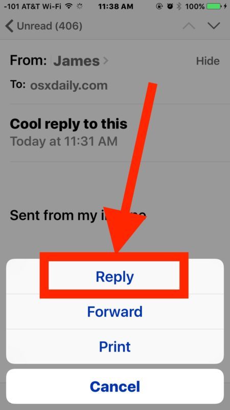Scegli l'opzione RISPOSTA per rispondere a un messaggio e-mail su iPhone