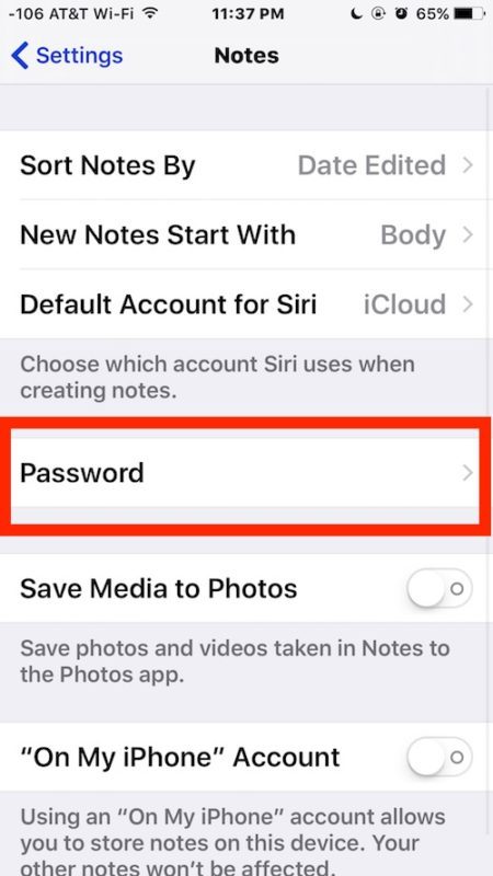 Reimposta password Notes iOS