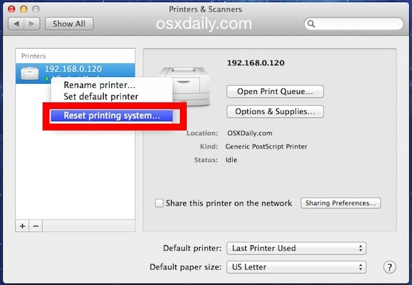 Ripristina il sistema di stampa in Mac OS X.