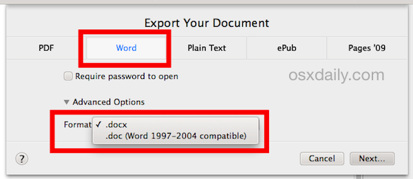 Esporta i file di Pages come formati di Word