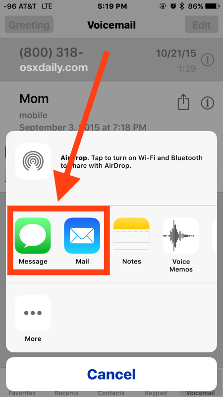 Condividi una segreteria tramite messaggi o e-mail da iPhone