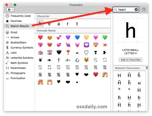 Ricerca nel Emoji sul pannello Caratteri speciali del Mac