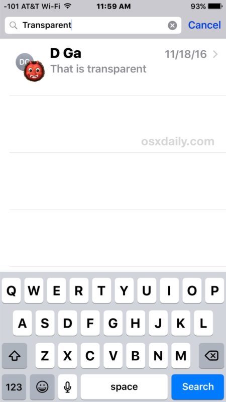 I messaggi cercati corrispondenti si trovano nell'app Messaggi iOS