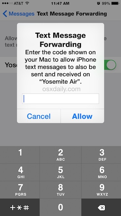 Conferma il messaggio SMS relay per inviare e ricevere messaggi di testo da un Mac attraverso l'iPhone