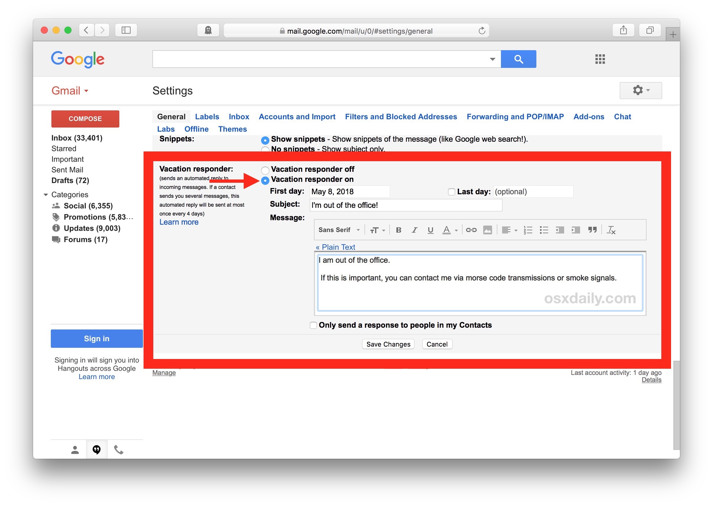 Come impostare un risponditore automatico di ferie in Gmail ItBookMac
