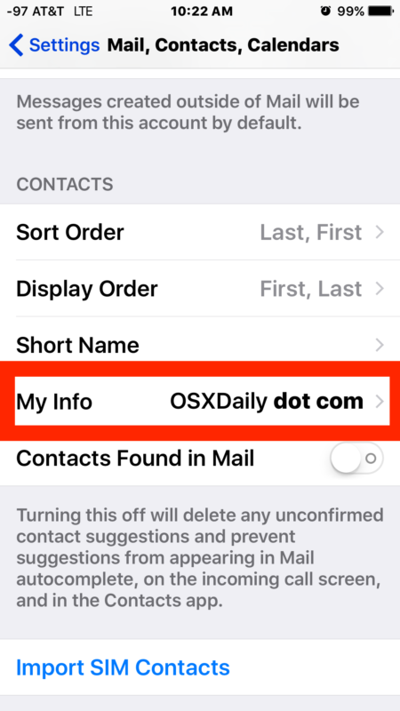 Tocca My Info per modificare le informazioni di contatto su iPhone