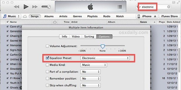 Imposta l'equalizzatore per un genere musicale in iTunes