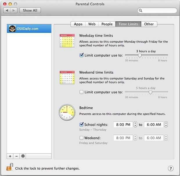 Imposta i limiti di tempo per l'uso del computer in Mac OS X