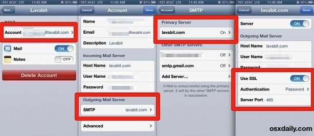 Configurazione della porta e-mail in uscita di Lavabit in iOS Mail