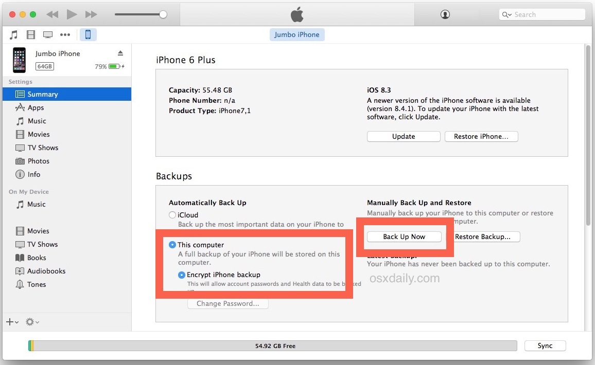 Esegui il backup di tutto ciò che è crittografato dal vecchio iPhone in iTunes