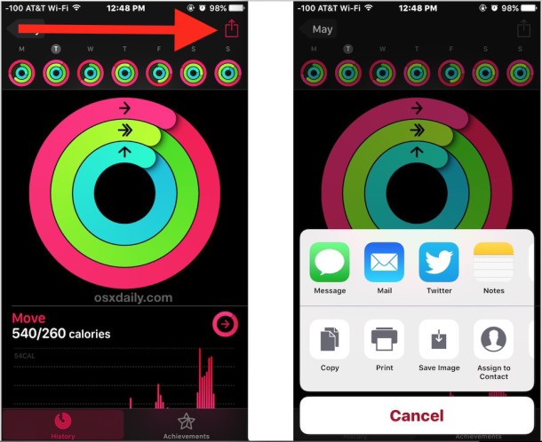 Condivisione dei livelli di avanzamento dell'anello di attività da Apple Watch e iPhone