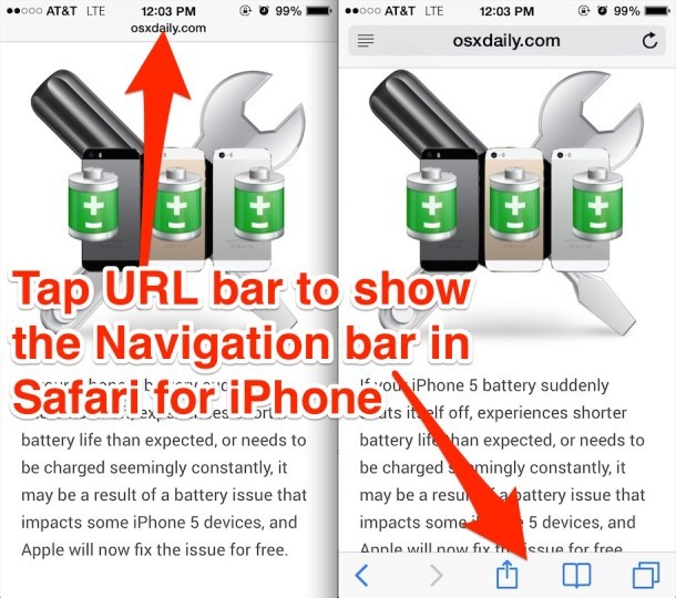 Mostra barra di navigazione e pulsanti in Safari per iPhone