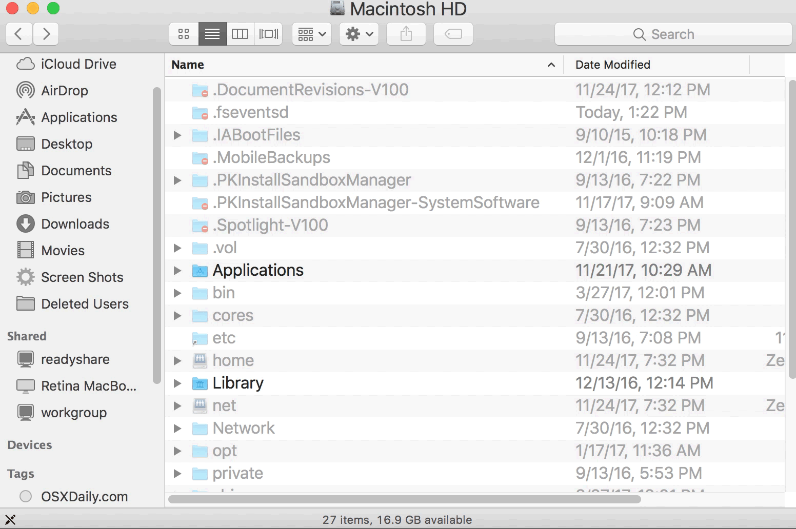 Mostra e nascondi i file nascosti con la scorciatoia da tastiera su Mac come mostrato nella GIF animata