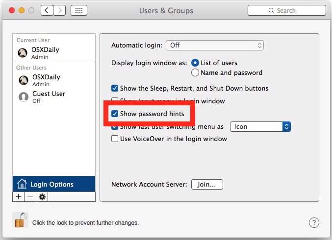Mostra i suggerimenti per le password nelle schermate di accesso di Mac OS X.