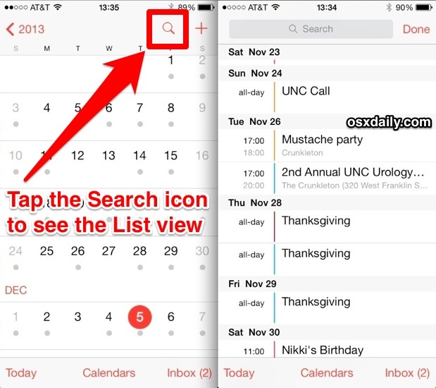 Mostra la visualizzazione elenco in app Calendario per iOS