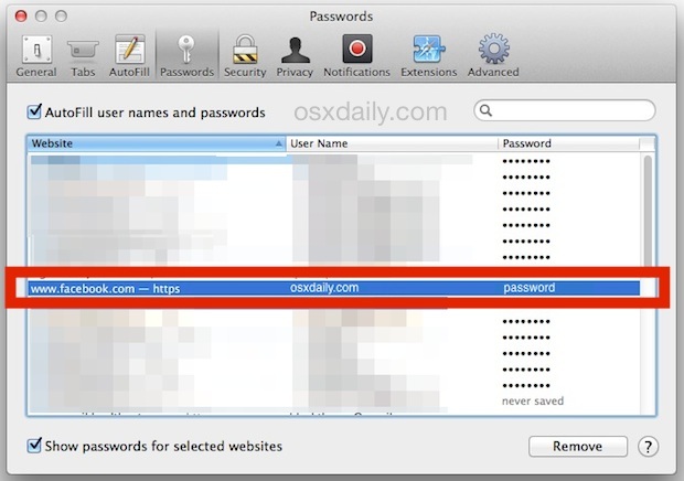 Mostra la password per un sito web in Safari per Mac