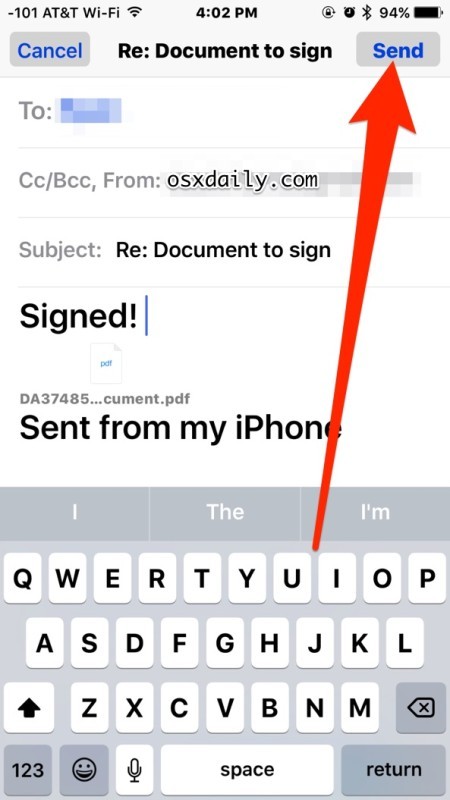 Documento firmato inserito di nuovo nell'e-mail, inviare nell'app iOS Mail