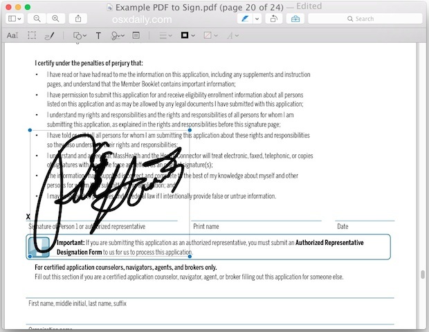 Posiziona la firma digitale su un documento nell'app di anteprima Mac