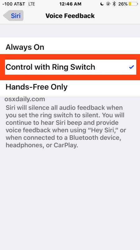 Consentire all'interruttore silenzioso di silenziare il feedback vocale di Siri