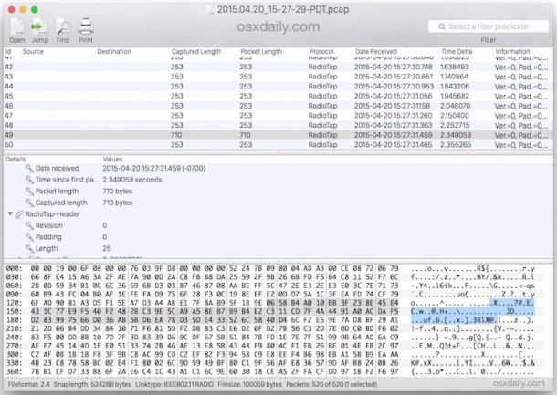 Lettura di un pacchetto catturato traccia il file WCAP PCAP in Mac OS X con l'applicazione Analizzatore di pacchetti Cocoa