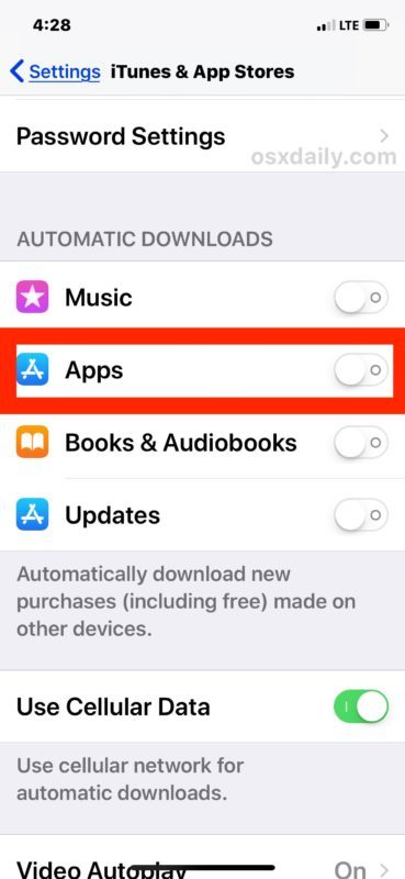 Disattiva il download automatico delle app in iOS
