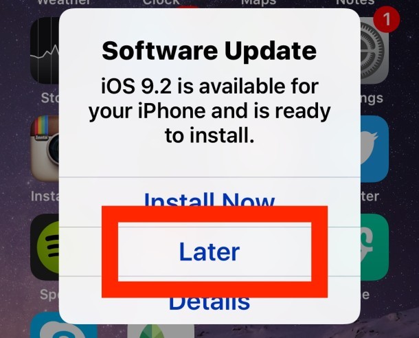 Installare l'aggiornamento iOS in un secondo momento per ricordare in seguito di installare l'aggiornamento iOS e interrompere temporaneamente il fastidio della notifica