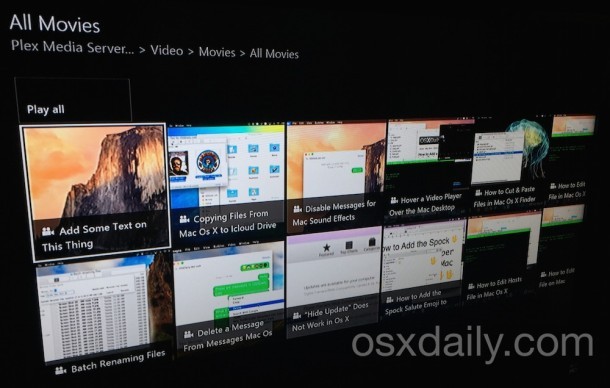 Una lista di film visti da Plex Server su un Mac, come visto su Xbox One
