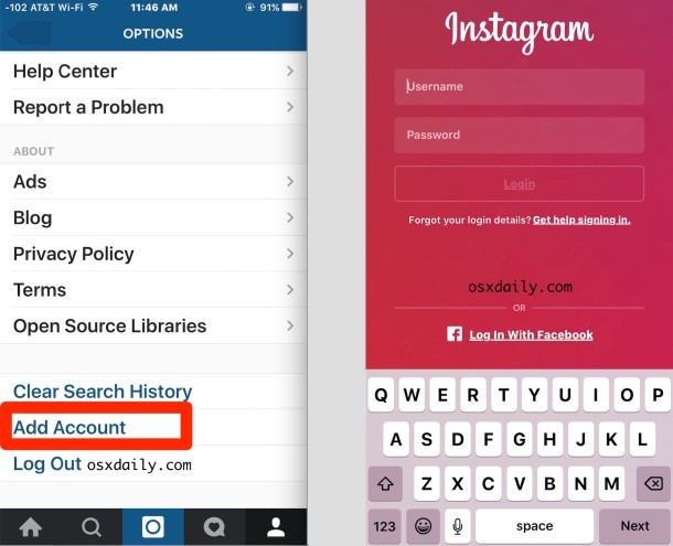 Come aggiungere un altro account profilo Instagram in iOS