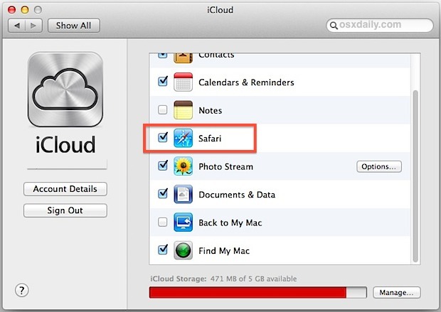 Abilita la sincronizzazione dei segnalibri in iCloud e Safari per Mac OS X.